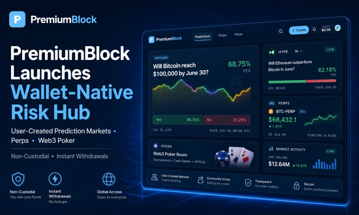 PremiumBlock Launches Non-Custodial Risk Hub for User-Created Prediction Markets, Perps and Web3 Poker