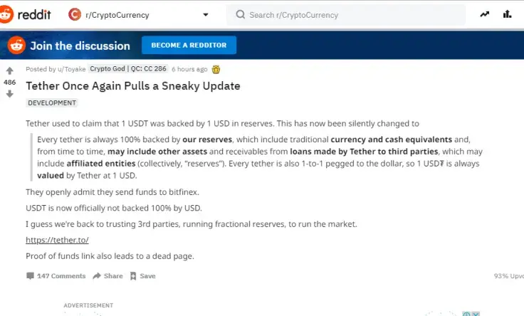 Tether Provides Update, Admitting USDT Is Not 100% USD-Backed